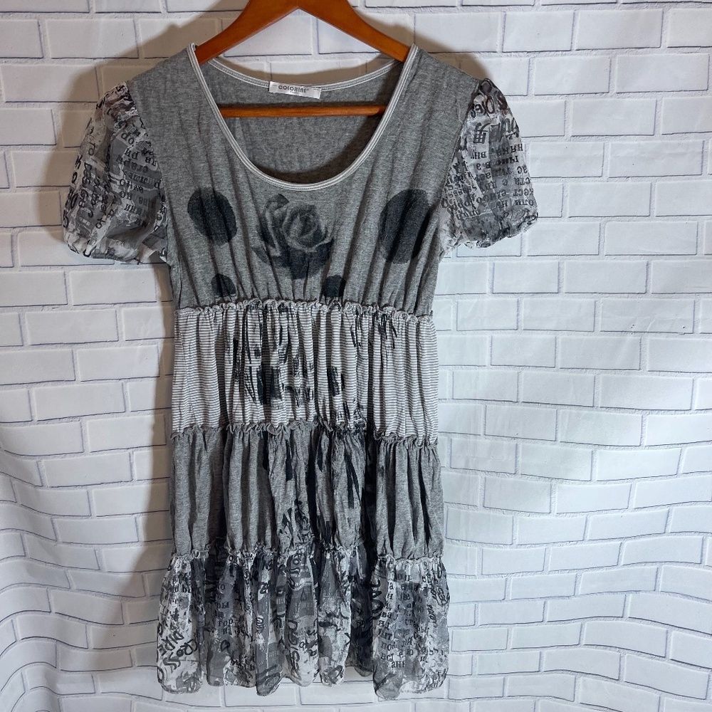 Colorine Grey Floral Print Ruffled Peasant Dress - Picture 1 of 7